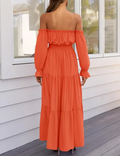 Vista 21 de ZESICA - Vestido largo, bohemio y sexy, con hombros descubiertos y manga larga fruncida, con elástico fruncido, cintura alta y abertura lateral