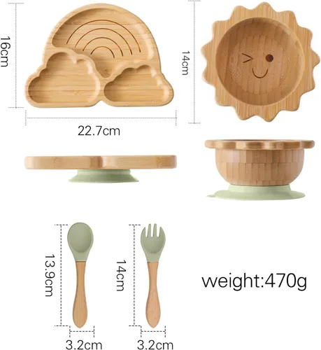Vista 6 de let's make Juego de Platos y Cuencos de Bambú con Ventosa para Bebé y Niño Pequeño, Bandeja Dividida, Cuenco de Comida con Tenedor y Cuchara de Set