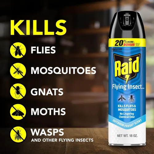 Vista 2 de Raid Aerosol para insectos voladores, aroma fresco al aire libre, mata moscas, mosquitos y otros insectos voladores en contacto