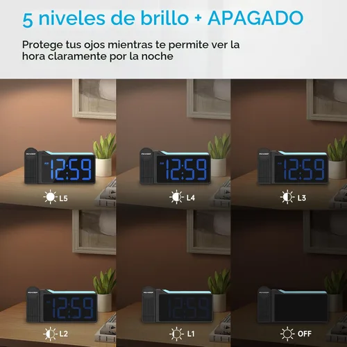 Vista 5 de Peakeep Projection Alarm Clock for Bedroom Ceiling 180° Rotatable, Loud for Heavy Sleepers, Colorful Nightlight, 5 Brightness Dimmable Large Number
