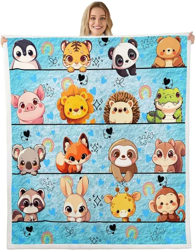 Vista 32 de Manta de franela de animales de dibujos animados para todas las estaciones, manta de cama azul con estampado de amor Kawaii para decoración