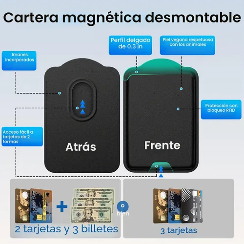 Vista 4 de Funda magnética para Samsung Galaxy S25 FE, transparente y negro con soporte para tarjetas de crédito desmontable, compatible con MagSafe, ajuste