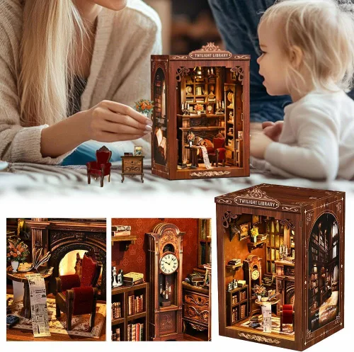 Vista 4 de Kits de rincón de libros para adultos, rompecabezas de madera 3D para casa de muñecas, estantería en miniatura para casa de muñecas, decoración