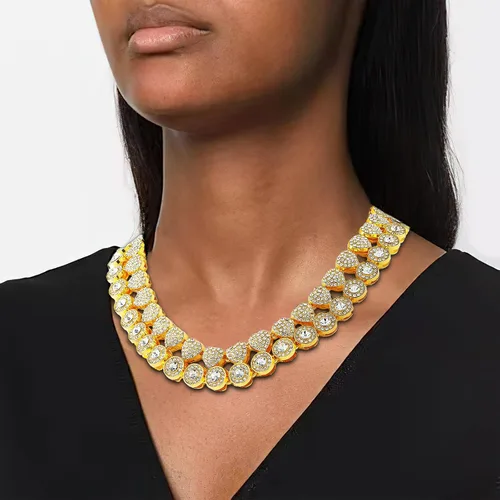 Vista 6 de Cadena de tenis de diamantes agrupados de doble capa, collar de cadena cubana de Miami para mujer, collar de cadena de corazón helado, regalo