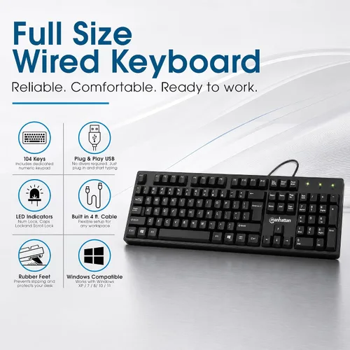 Vista 3 de Manhattan Teclado de computadora con cable – Teclado negro básico – con cable USB-A de 4.5 pies, 104 teclas, soportes plegables – Compatible
