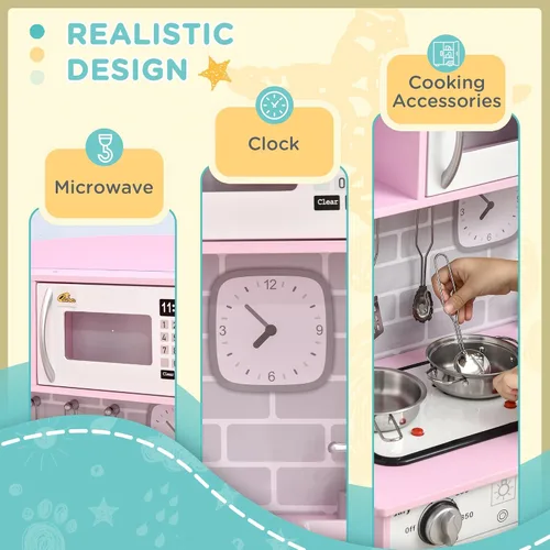 Vista 4 de Qaba Juego de juguetes de cocina para niños con diseño realista, luces de estufa, almacenamiento, dispensador de agua, para niños de 3 a 6 años