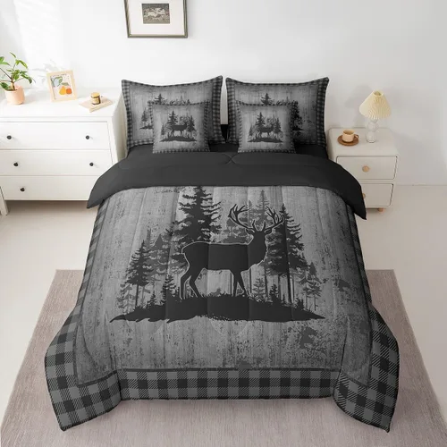 Vista 111 de Feelyou Juego de edredón de ciervo con sábanas – Tamaño Queen 7 piezas Juego de ropa de cama infantil de caza rústica – Cama de ciervo de cabaña