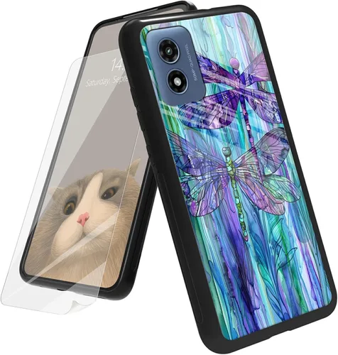 Vista 84 de Funda para Motorola Moto G Play 4G 2024 con protector de pantalla, parte trasera de vidrio templado + funda de silicona suave TPU absorción