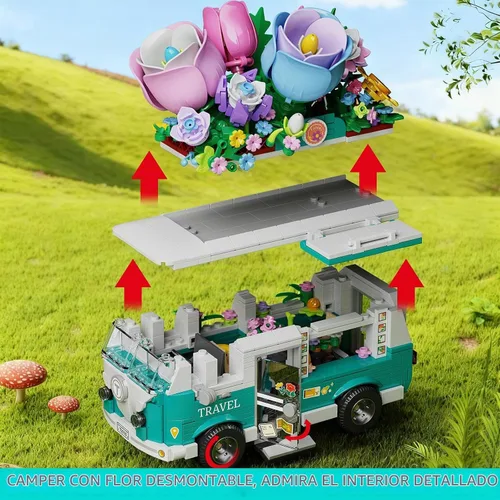 Vista 3 de Juego de bloques de construcción de coche floral, conjunto de construcción de furgoneta camper de la ciudad, colección botánica de flores