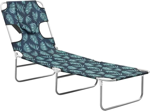 Vista 5 de Sun Lounger Leaf Print Sturdy Steel Frame Adjustable Backrest Foldable Design for Outdoor Relaxation Patio Balcony Beach Picnic Durable Fabric Green