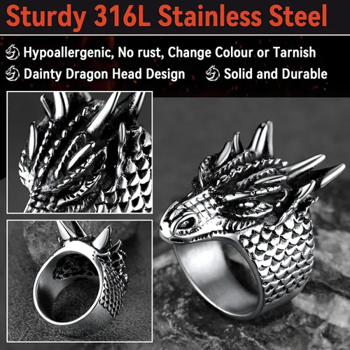 Vista 5 de FaithHeart Anillos de dragón punk para hombres y mujeres, acero inoxidablechapado en oro de 18 quilates, joyería de mitología nórdica con delicado