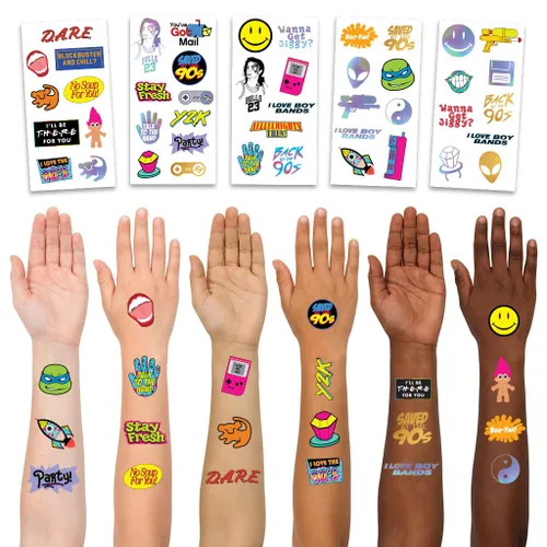 Vista 5 de Tatuajes temporales con temática de los años 90, 5 hojas, divertidos recuerdos de fiesta de los años 90, decoraciones y suministros