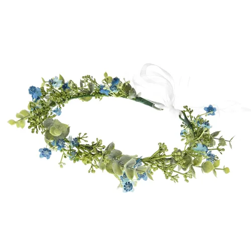 Vista 3 de DreamLily Corona blanca de flor de aliento de bebé, corona de eucalipto, tocado de dama de honor, corona de pelo bohemio DFS18 (azul eucalipto)