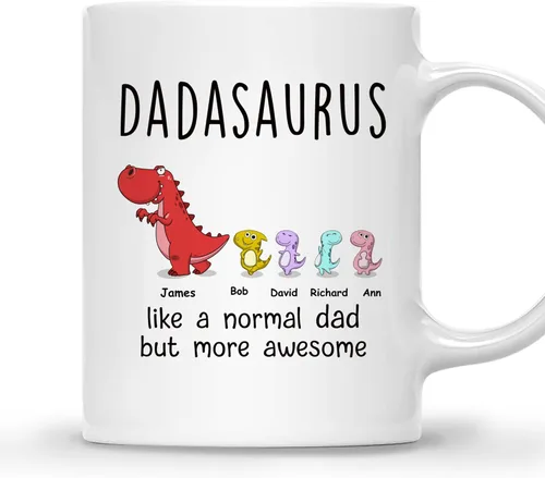 Vista 8 de Gossby Taza de Café Personalizada DADASAURUS – Regalo Personalizado para Papá de Niño, Hija, Hijo, Esposa Con Diseño, Nombres – Divertido Día