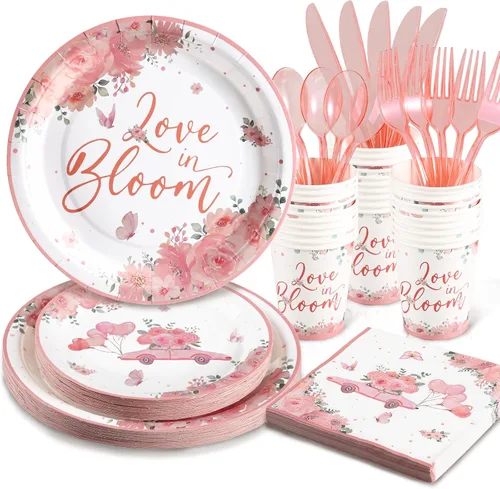 Vista 15 de Decoraciones para Baby Shower Girl - Juego de platos, tazas y servilletas para baby shower, sirven 24, platos festoneados florales rosas
