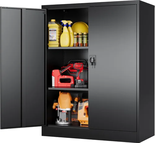 Vista 10 de SISESOL Gabinete de almacenamiento de metal ancho y profundo con ruedas, gabinete de almacenamiento de garaje alto rodante con cerradura, gabinetes