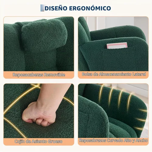 Vista 5 de Mecedora deslizadora tapizada con patas de madera para sala de estar, dormitorio, cuarto de bebé, incluye bolsillos laterales
