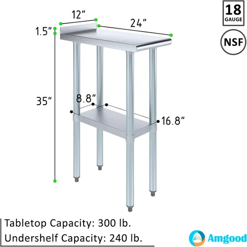 Vista 3 de AmGood Mesa de trabajo de acero inoxidable de 24 pulgadas x 12 pulgadas con protector contra salpicaduras de 1.5 pulgadas Mesa de preparación