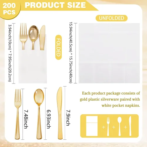 Vista 3 de Supernal 200 cubiertos de plástico dorado con servilletas de bolsillo, 50 juegos, cubiertos desechables resistentes con servilletas blancas, vajilla