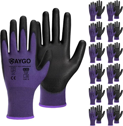 Vista 80 de KAYGO KG11PB - Guantes de trabajo de seguridad con revestimiento de poliuretano, 12 pares de guantes de punto sin costuras para hombres y mujeres