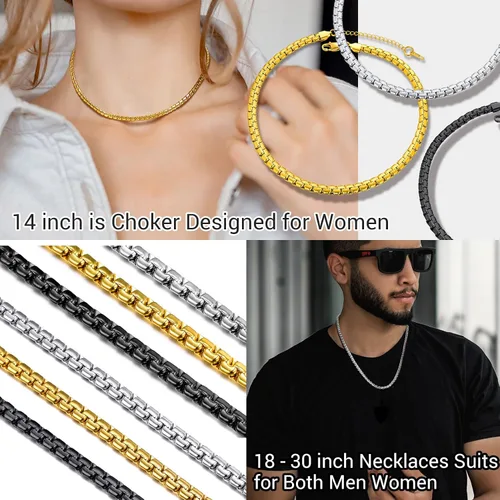 Vista 2 de PROSTEEL Stylish Stainless Steel Flat Box Chain Necklace, SilverGoldBlack Tone, Nickel-Free, Hypoallergenic Jewelry, 14-30, Come Gift Box