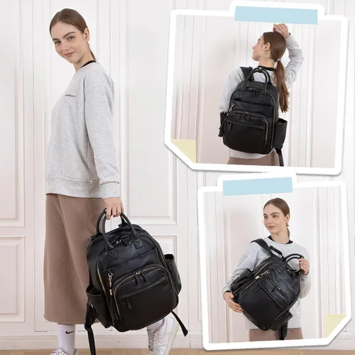 Vista 2 de Omanmoli Mochila para pañales, bolsa de bebé de cuero con 16 bolsillos, mochila grande para pañales de viaje, organizador esencial para bebé, 4 Negro