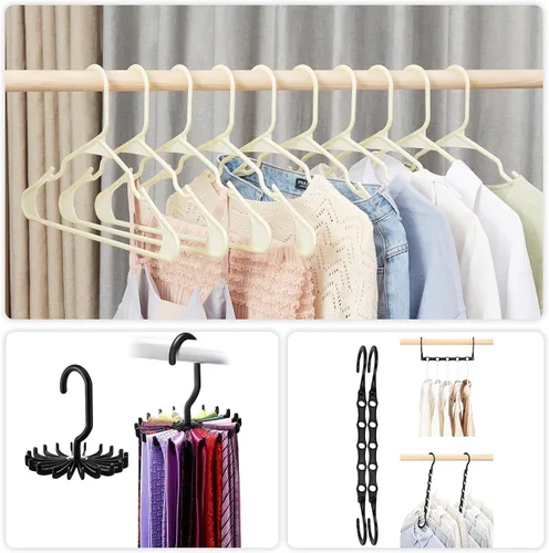 Vista 8 de VECELO - Juego de 25 perchas de plástico, con muescas antideslizantes para hombros para ahorrar espacio en el armario, percha resistente para Beige