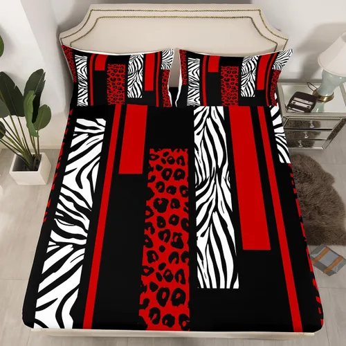 Vista 5 de Sábana bajera ajustable con estampado de leopardo, tamaño individual, juego de ropa de cama rústica con rayas de piel de cebra, decoración