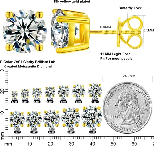 Vista 4 de Moissanite Stud Earrings Screw Back 0.2CT-8.0CT 18K White Yellow Gold Plated S925 Sterling Silver Round Cut D Color VVS1 Clarity Lab Created