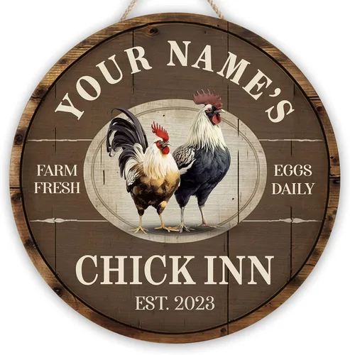 Vista 38 de Letrero de madera de gallinero personalizado para gallinero, diseño de granja esponjosa, varios tamaños, nombre personalizado, título y cita