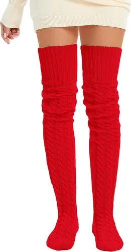 Vista 4 de SherryDC Calcetines hasta el muslo de punto trenzado para mujer, calentadores de piernas, extra largos por encima de la rodilla, medias altas