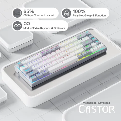 Vista 2 de Redragon K631 Gery - Teclado para juegos RGB con cable al 65%, teclado mecánico compacto de 68 teclas con enchufe 100% intercambiable en caliente
