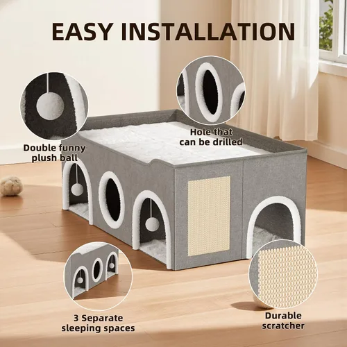 Vista 5 de Top Bed - Condominios para gatos de tres habitaciones, casa para gatos extra ancha todo en 1 para interiores, múltiples gatos familia de cachorros