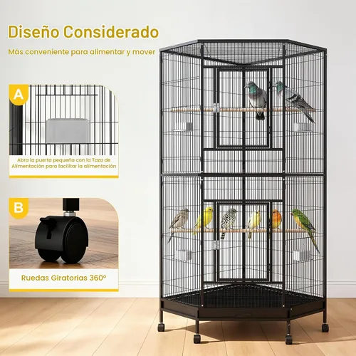 Vista 4 de Jaula grande para pájaros de 64 pulgadas con ruedas, jaulas para pájaros