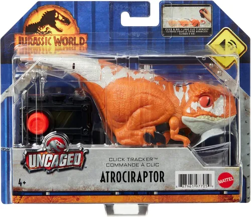 Vista 5 de Mattel Jurassic World Dominion - Juguete de dinosaurio sin jaula con movimiento y sonido controlados por clicker, figura de acción de dinosaurio rojo