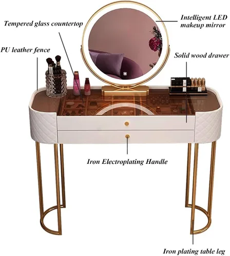 Vista 6 de Escritorio de tocador con espejo de luces regulables, mesa de tocador de maquillaje con 2 cajones y mesa de cristal, juego de mesa de tocador