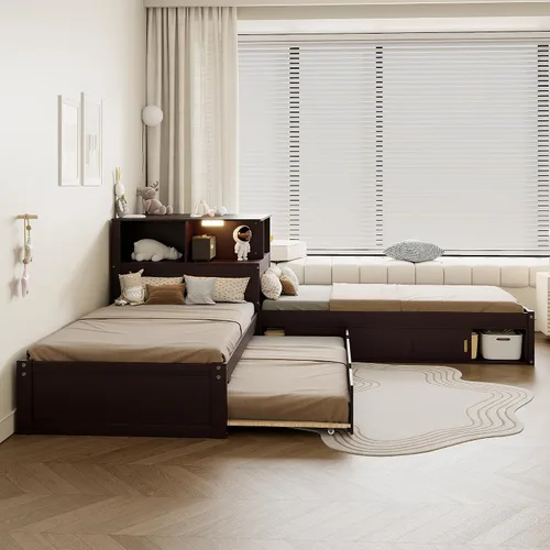 Vista 3 de Marco de cama individual en forma de L para 2 niños con escritorio y nido Espresso Espresso