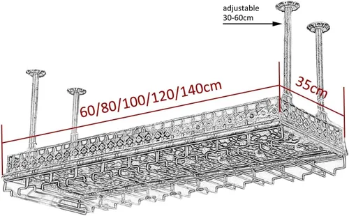 Vista 4 de Estante de vino de techo con soporte para vidrio, estante colgante de metal vintage, altura ajustable, bar y almacenamiento para el hogar 120 × 13.8
