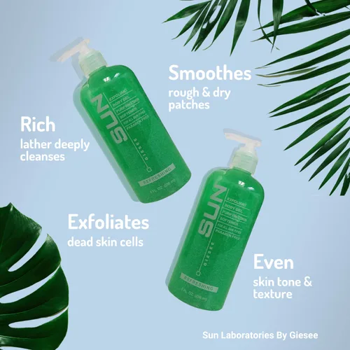 Vista 3 de Sun Labs Gel exfoliante para piel suave, botella de 1 8 onzas con guantes exfoliantes