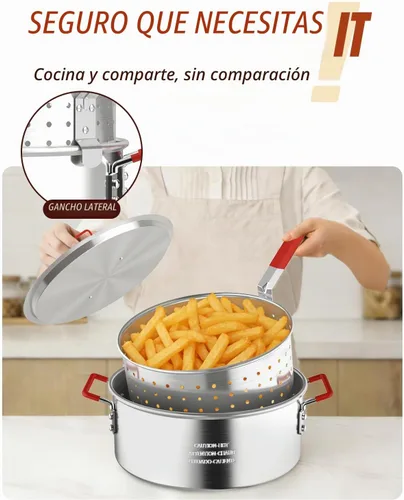 Vista 6 de Freidora de pescado 10QT con canasta, tapa y pinzas, olla de aluminio Olla con termómetro, para pescado, alas de pollo y papas fritas, solo llama