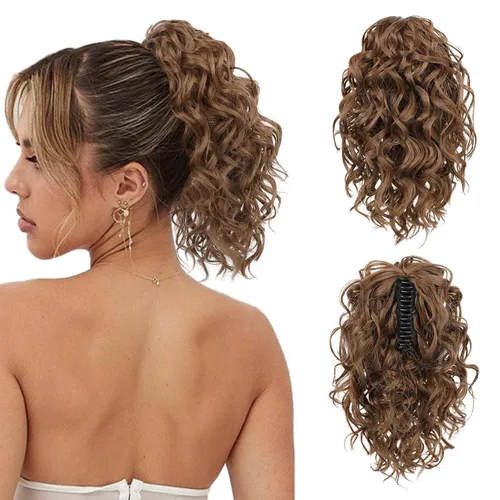 Vista 26 de Flufymooz Extensión de cola de caballo, extensión de cola de caballo corta de 12 pulgadas con pinza de garra, cabello ondulado rizado, clip