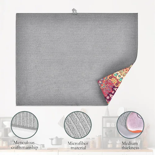 Vista 4 de Tapete de secado de platos con diseño de mandala, vintage, bohemio, floral, tapete de secado de platos, encimera de cocina, 18 x 24 pulgadas