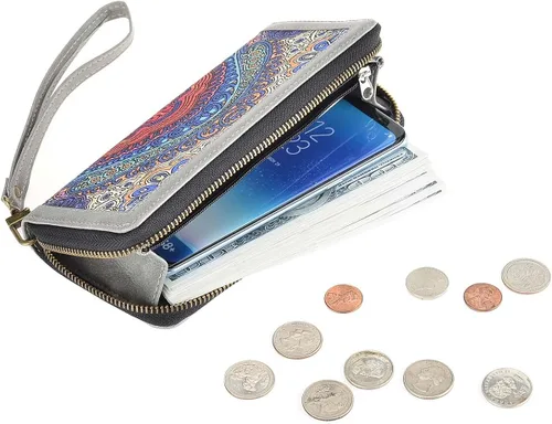 Vista 4 de HAWEE Cartera larga de cuero con cremallera para teléfono celular, tarjetero, monedero