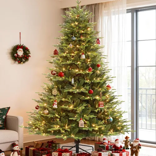 Vista 9 de Árbol de Navidad preiluminado de 7.5 pies con luces, árbol de Navidad artificial de abeto con 350 LED multicolor, ramas con bisagras de fácil