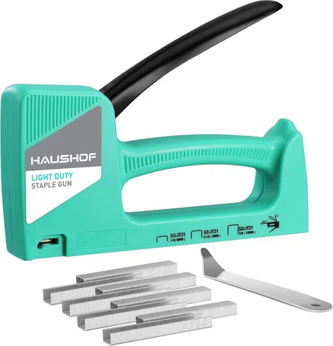 Vista 13 de HAUSHOF Pistola de grapas ligera, pistola de grapas para tapicería con 800 grapas JT21 y removedor de grapadoras, se adapta a grapas JT21 de 1/4