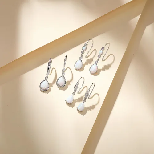 Vista 6 de FANCIME Opal Earrings 925 Sterling Silver Infinity Earrings Dangle Earrings with Created Teardrop White Fire Opal,Fine Opal Jewelry for Women