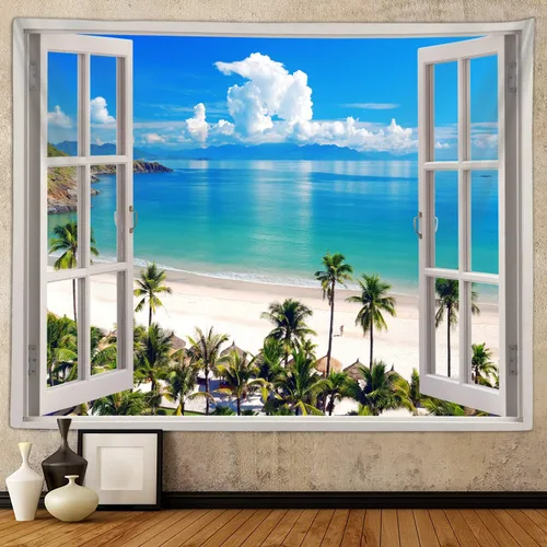 Vista 3 de Sanzugh - Tapiz de pared de playa del océano, arte de ventana falsa de naturaleza del mar de Hawái, tapices para colgar en dormitorio, dormitorio