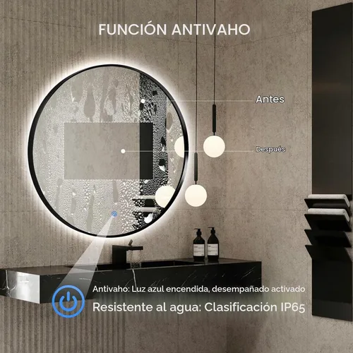 Vista 6 de Niccy Espejos de baño LED redondos, espejo retroiluminado con marco negro
