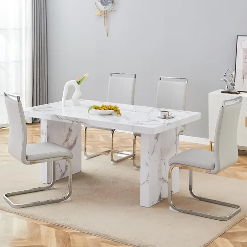 Vista 56 de gopop Mesa de comedor de mármol de 63 pulgadas, tablero de mesa de comedor MDF con patrón de mármol y base para cocina y comedor.
