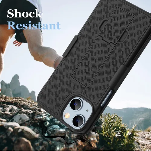Vista 3 de Fingic Compatible con iPhone 14, iPhone 13 Funda con clip para cinturón, carcasa delgada combinada con soporte giratorio para cinturón, funda